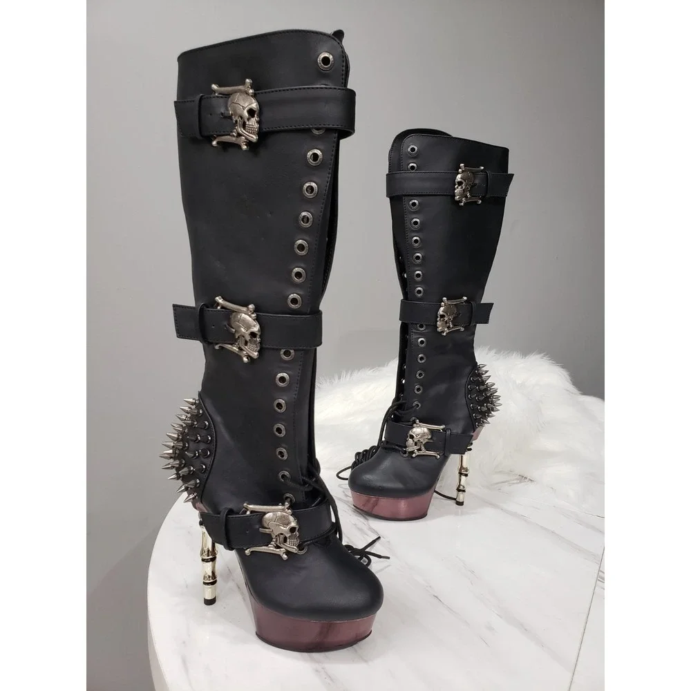 SIZE 7 DEMONIA Muerto Bone High Heel Spiked Skull Buckle Moto gothic Knee Boots